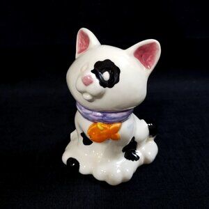 Vintage Ceramic Black And White Spotted Cat Figure W Purple Collar And Goldfish